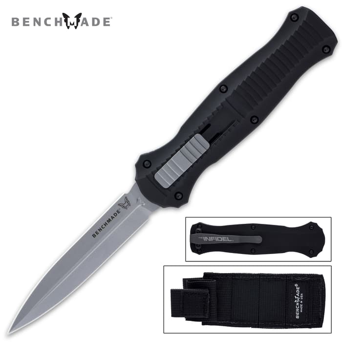 Extended pocket knife with silver steel blade and black handle. Top left corner "Benchmade" is displayed. Bottom right corner black "benchmade" knife sheath. Slightly above bottom left corner, retract