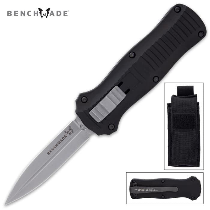 Mini "benchmade" infidel OTF pocket knife with sliding trigger and black nylon sheath.
