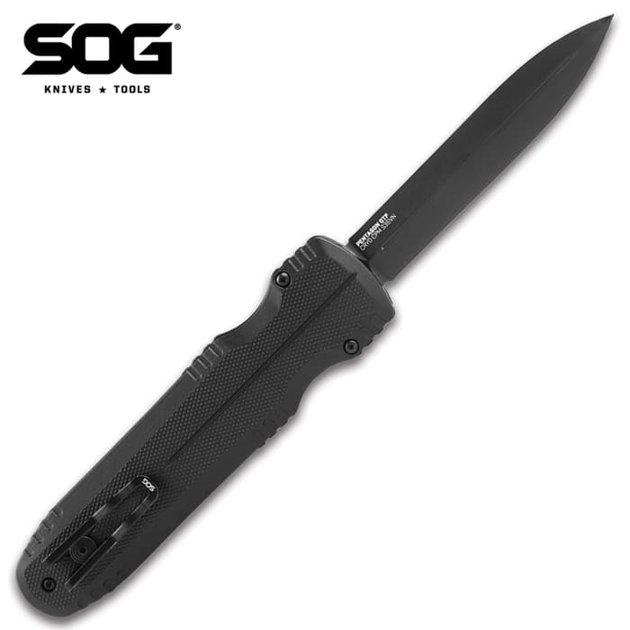 SOG Pentagon Blackout OTF Automatic Knife - CRYO S35VN Steel Blade, Anodized Aluminum Handle - Length 9 1/10”