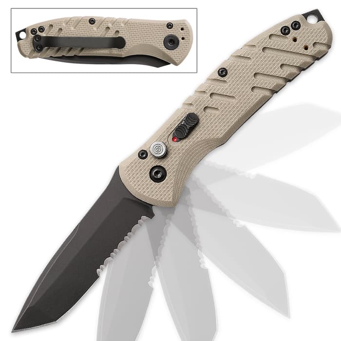 Gerber Propel Downrange Automatic Opening Knife has a 3 1/2” 230V steel tanto blade with a serrated edge and G-10 handle.