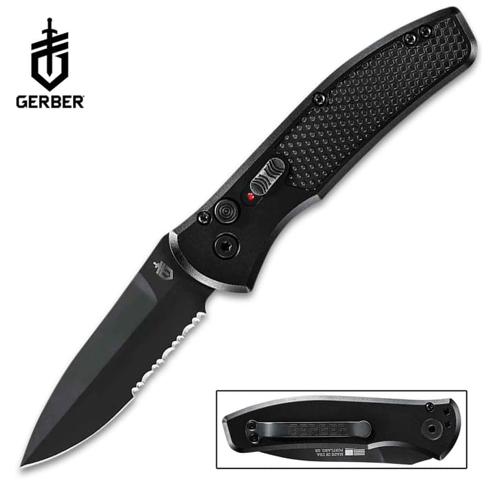It has a 3 1/4” S30V stainless serrated steel blade with a black, oxide-coated finish that has superior edge-retention