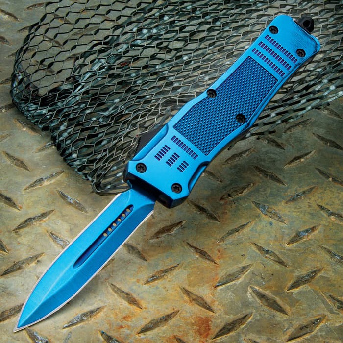 The Electric Blue Automatic OTF Pocket Knife has a metallic blue finish