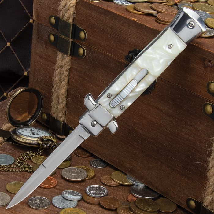 Pearl Stiletto Automatic OTF Knife - Stainless Steel Blade, Faux Pearl Handle Scales, Slide Trigger Open And Lock - Closed 5”