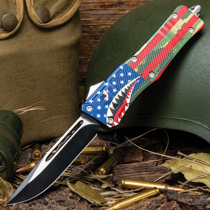 If you love historical inspired knives, you need to add the Shark Bomber Automatic OTF Knife to your collection