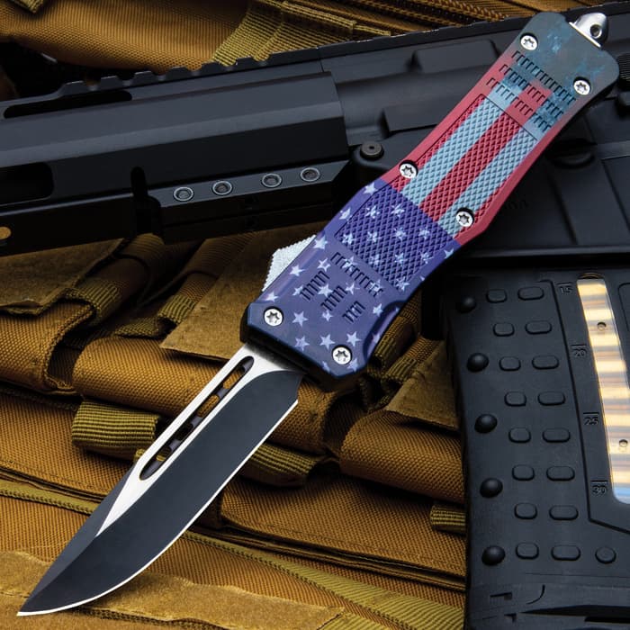 American Flag OTF Knife - Two-Tone Stainless Steel Blade, Printed Aluminum Handle, Glassbreaker Pommel, Pocket Clip