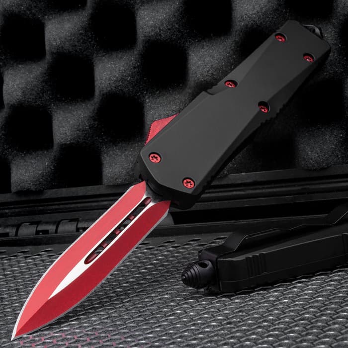 Red Double-Edged OTF Knife - Stainless Steel Blade, Metal Alloy Handle, Reversible Pocket Clip - Overall Length 7”