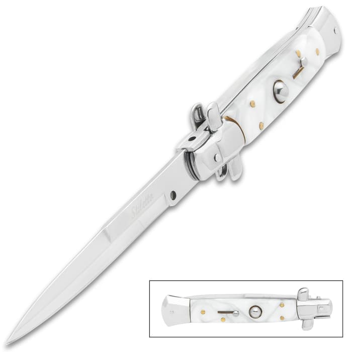 The Large White Pearl Stiletto Knife in open and closed position