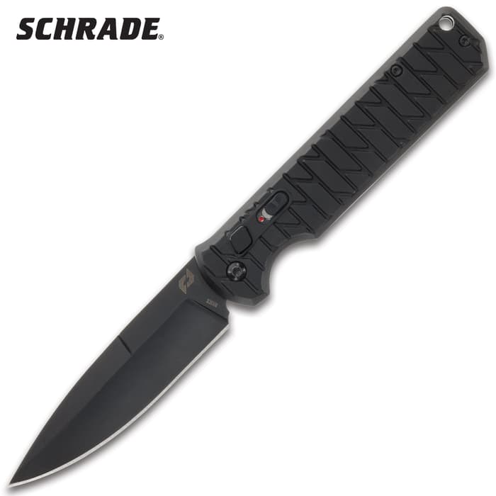 The Schrade Entice Automatic has a premium steel blade with a black oxide coating.