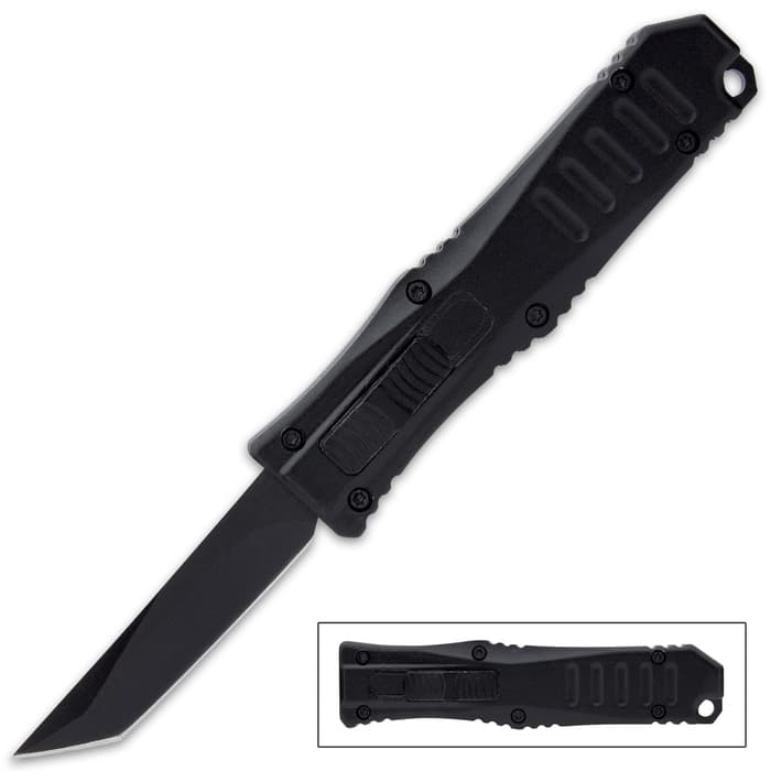 Mini Black Automatic OTF Tanto Knife - Stainless Steel Blade, Anodized Aluminum Handle, Double Action Lock - Length 5 1/4”