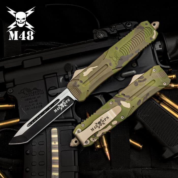 The M48 Multi-Cam Automatic OTF Knife both open and closed position