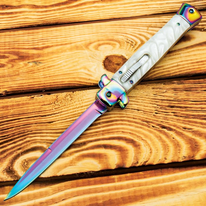 The Rainbow Stiletto OTF Knife with its blade deployed