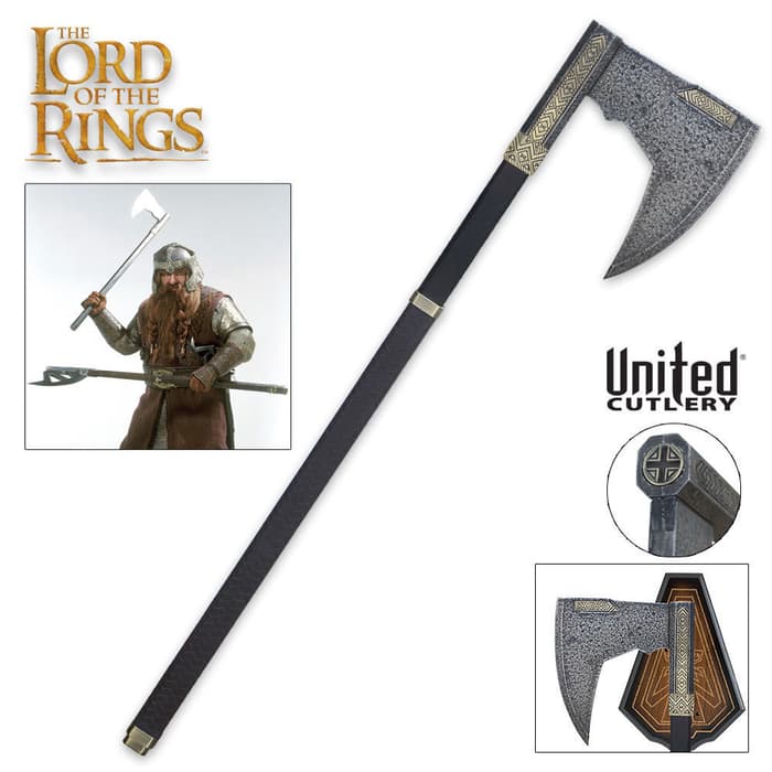 Lord of the Rings replica stainless steel bladed axe with authentic Gimli markings and a plaque
