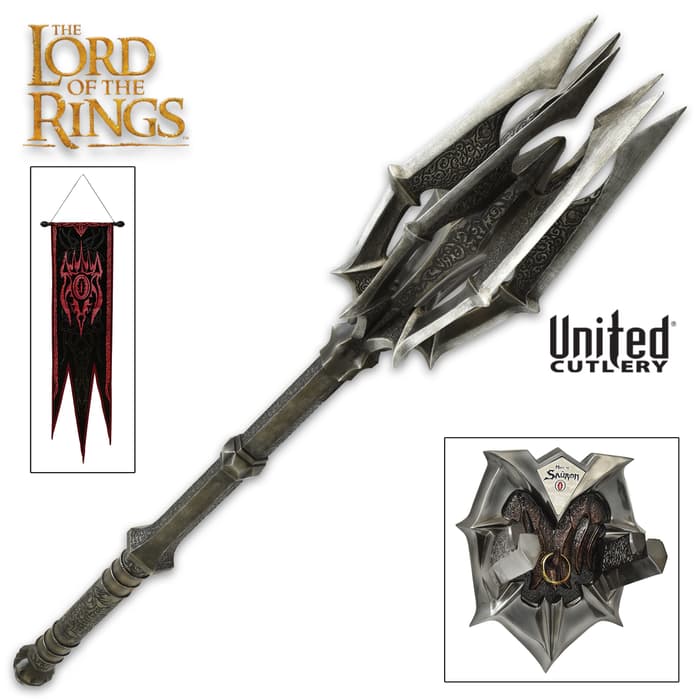Replica of the a massive six-bladed, black iron war mace from Lord of the Rings next to war banner with red accents
