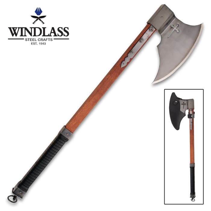 Windlass Steelcrafts Crusader Axe - Steel Axe Head, Hardwood Handle Shaft, Leather-Wrapped Grip - Length 30”