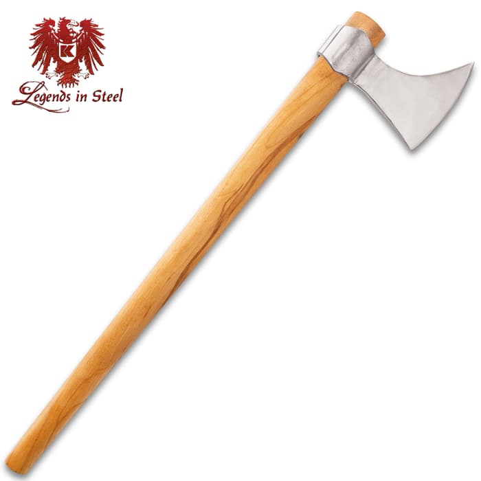 Legends In Steel Viking Display Axe - Hand-Forged High Carbon Steel, Polished Finish, False-Edged, Beech Wood Handle - Length 27”
