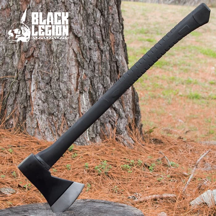 Black Legion Firefighter Long Axe - Extra Thick Solid Steel Axe Head, Rubberized Handle - 28" Length