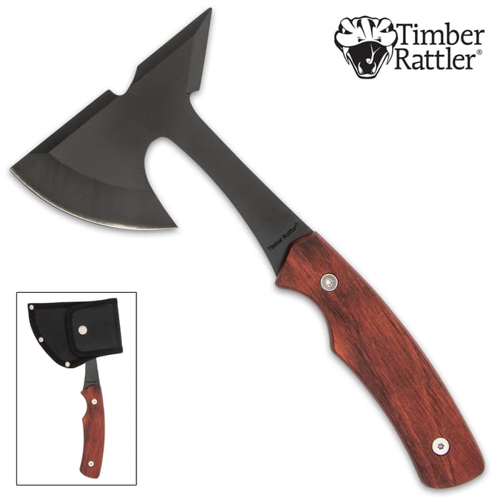 Timber Rattler Mini Throwing Axe And Sheath - Black-Coated Stainless Steel Axe Head, Wooden Handle Scales - Length 9 1/2”