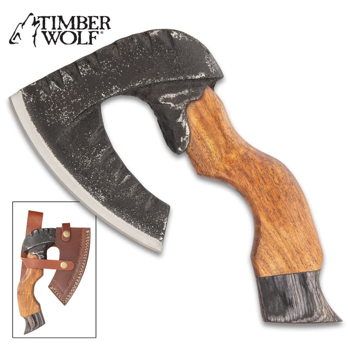 Timber Wolf Rough Beard Axe With Sheath - Rough-Forged Carbon Steel Head, Natural Wood Handle - Length 8”