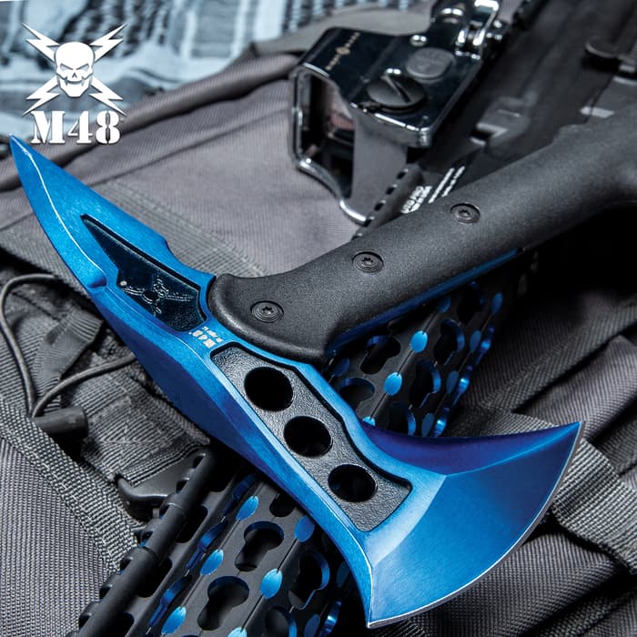 M48 Blue Tactical Tomahawk Axe With Snap On M48 Sheath - Hawk Axe, Stainless Steel Blade, Fiberglass Handle - Length 15”