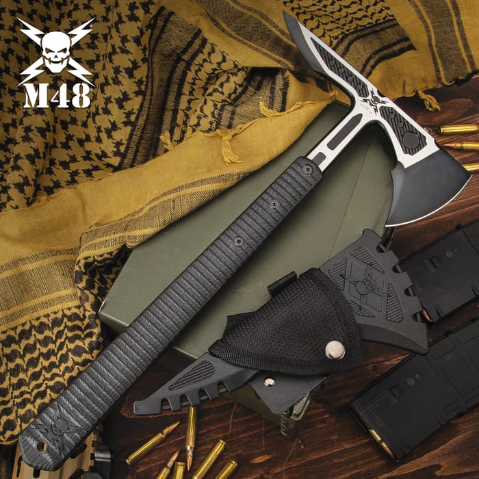 M48 Liberator Infantry Tomahawk With Sheath - Cast Stainless Steel Head, Black Oxide Coating, Injection Molded Nylon Handle - Length 15 3/4”