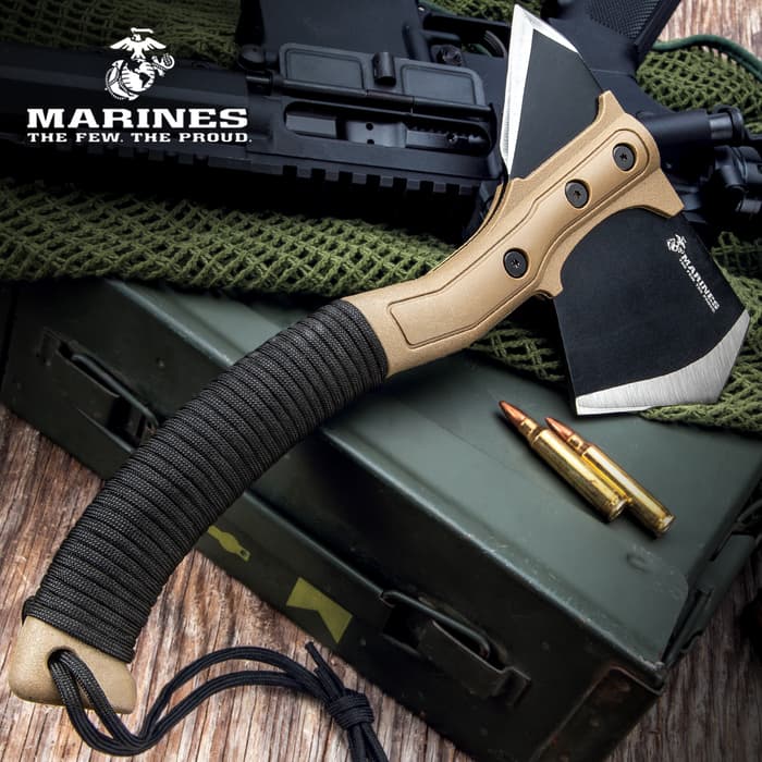 USMC Field Axe With Sheath - Stainless Steel Head, Stonewashed Coating, Paracord Wrapped ABS Handle - Length 11 1/4”
