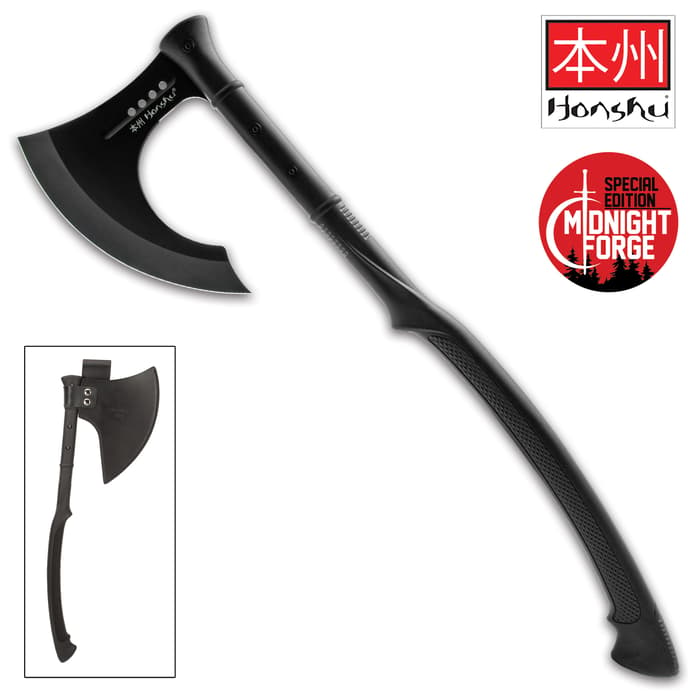 The battle axe takes the traditional bearded blade design that was used by Japanese carpenters and elevates it into a battle weapon