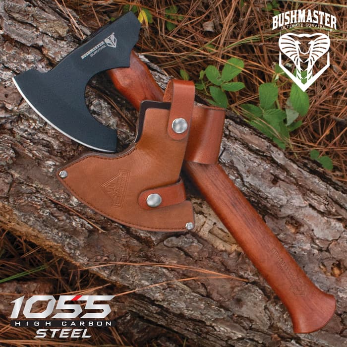 Bushmaster Woodsman Axe With Sheath - 1055 High Carbon Steel Axe Head, Dark Grey Coating, Hardwood Handle, Stained Finish - Length 16”