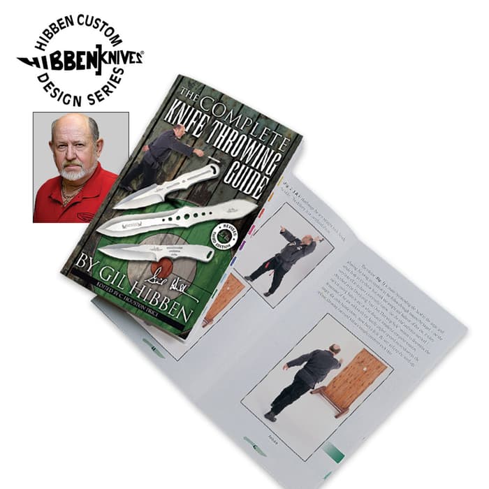 Gil Hibben Knife Throwing Guide shown next to a head shot of Gil Hibben with three throwing knives on the books cover.