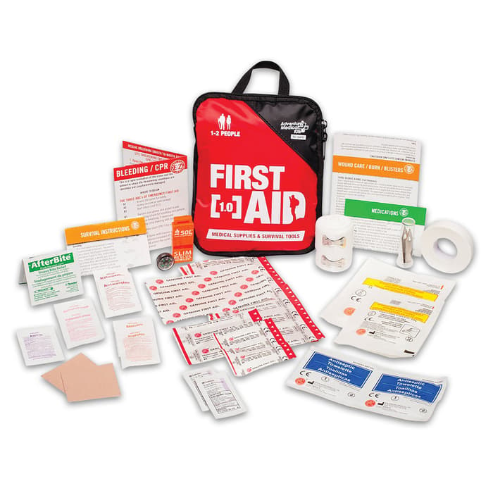The kit contains supplies to treat cuts and scrapes, sprains, insect bites, headaches, muscle aches, and allergic reactions