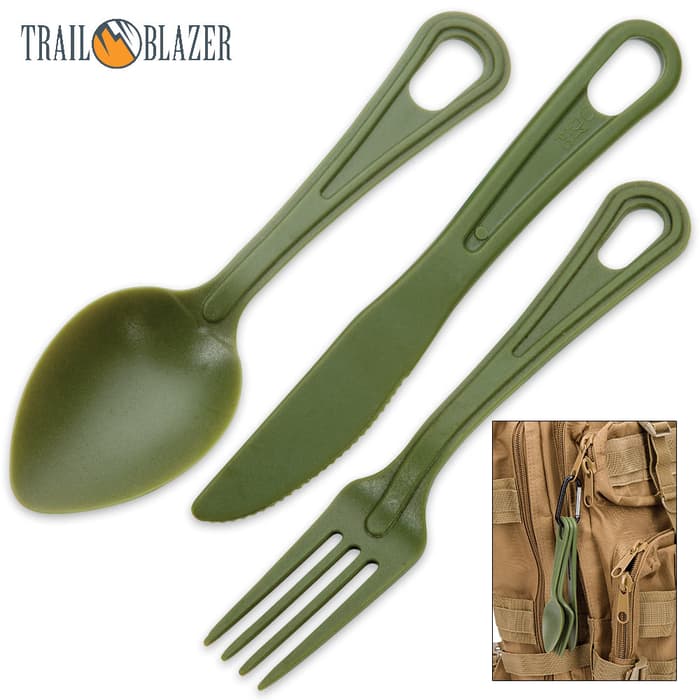 Trailblazer 3-Piece Lexan Outdoor Dining Utensil Set on Carabiner - Army Green
