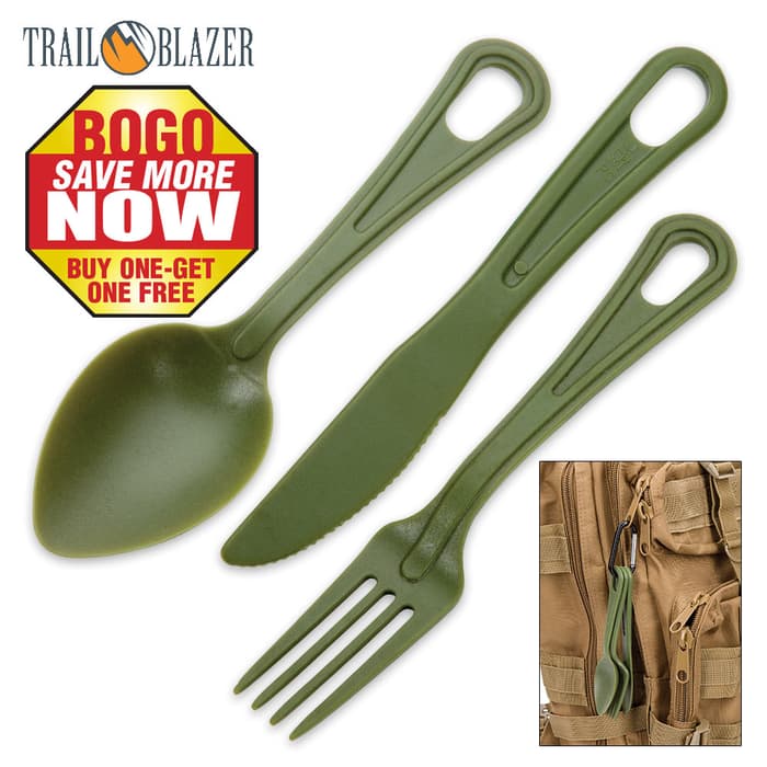 Trailblazer 3-Piece Lexan Outdoor Dining Utensil Set on Carabiner - Army Green - BOGO