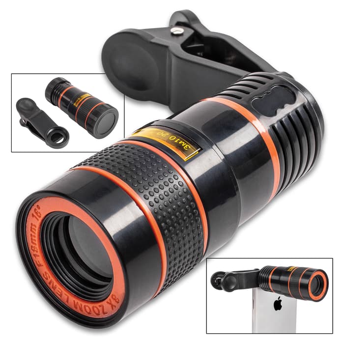 Universal Cell Phone Zoom Telescope - 8X Optical Magnification, Clip Attachment, Lens Caps - Length 2 3/4”