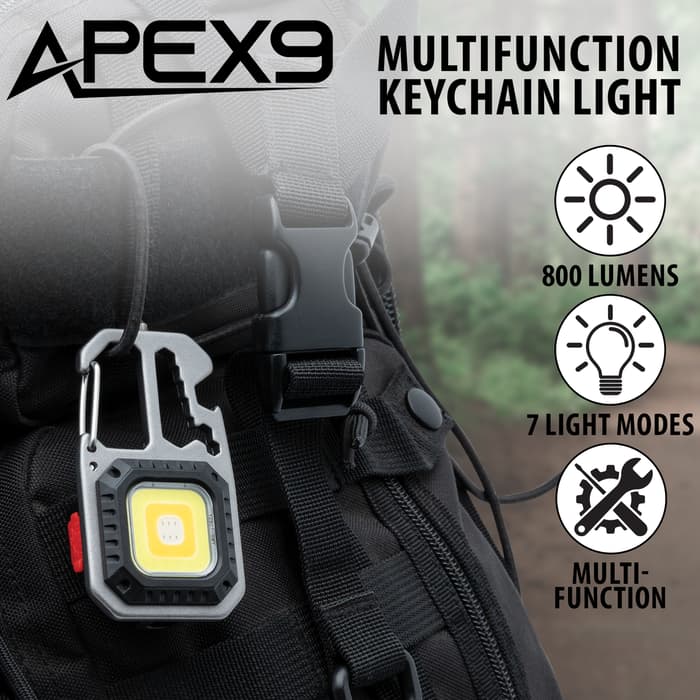 The Apex9 Multi-Function Keychain Light shown attached to a backpack