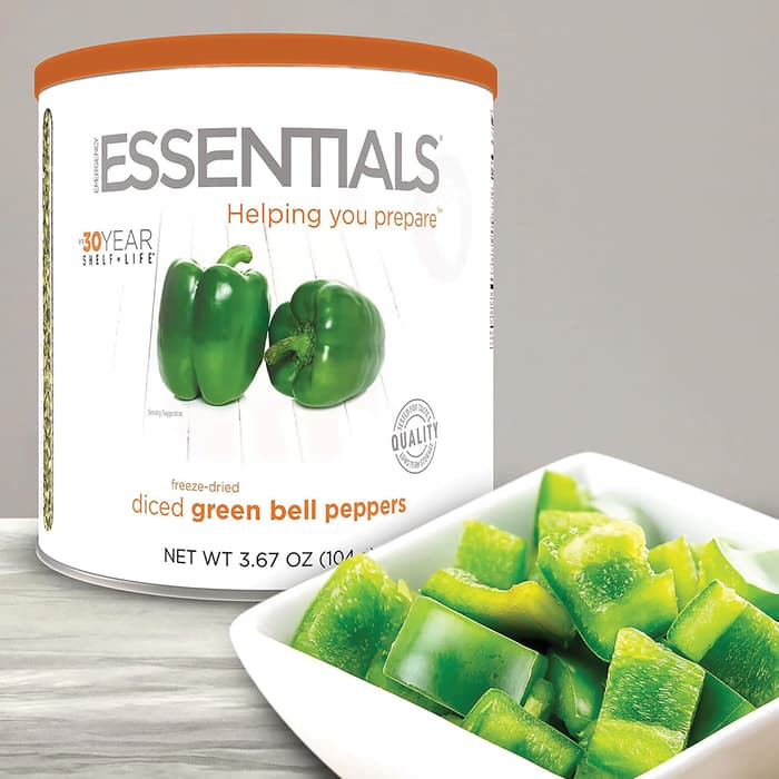 A view of the Emergency Essentials Green Bell Pepper Dices in the can and displayed in a bowl