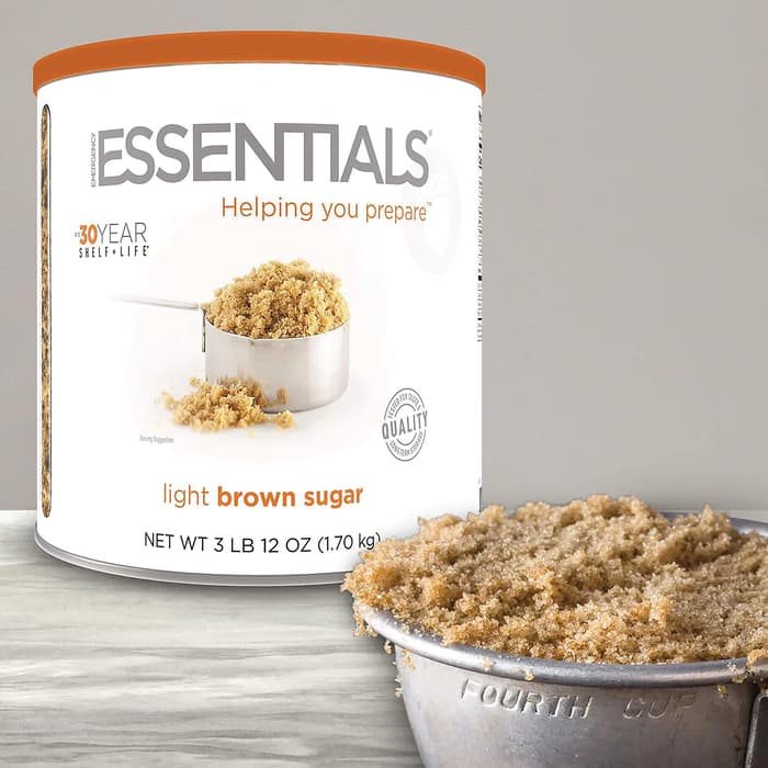 The Emergency Essentials Light Brown Sugar in a bowl and in their container