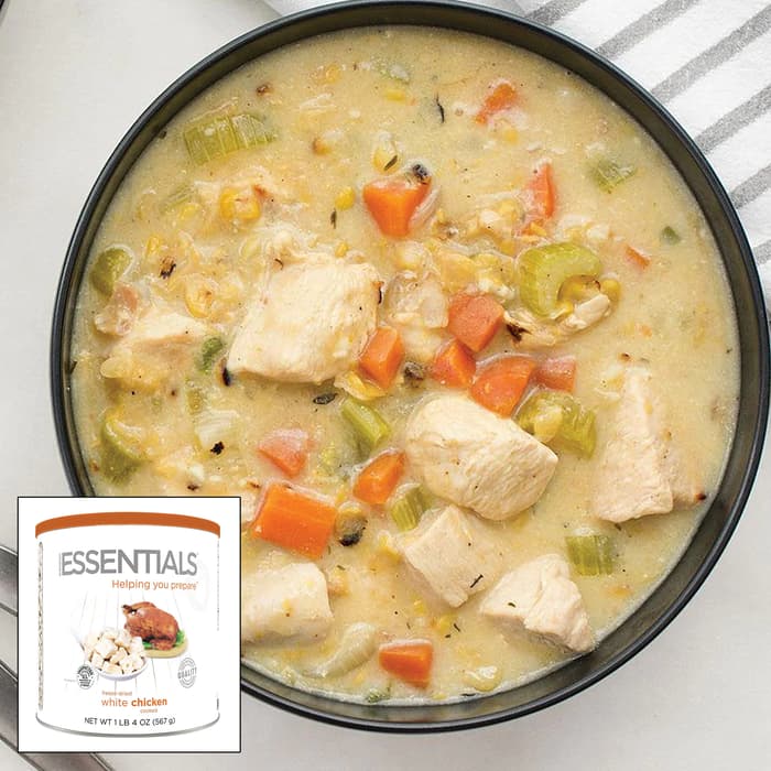 The Emergency Essentials Cooked White Chicken is cubed chicken pieces that can be used in a variety of recipes