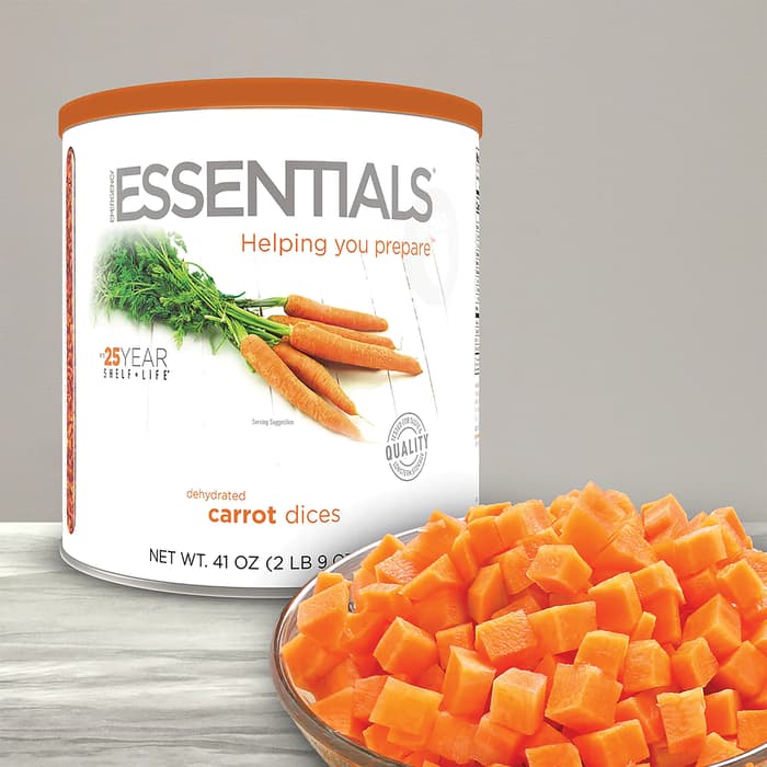 A view of Emergency Essentials Carrot Dices in a bowl and in its container