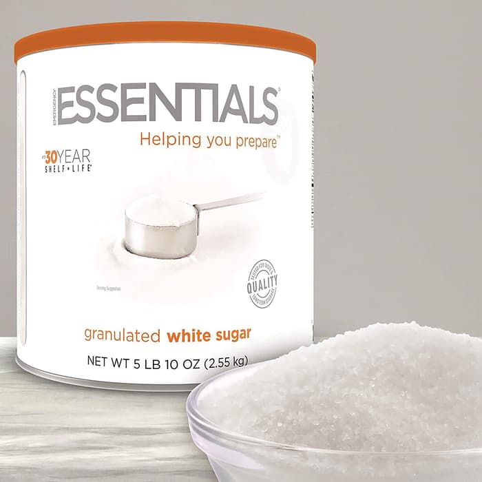 The Emergency Essentials White Sugar in a can and in a bowl
