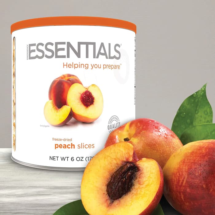 There are fresh peaches in the Emergency freeze-dried Essentials Peach Slices