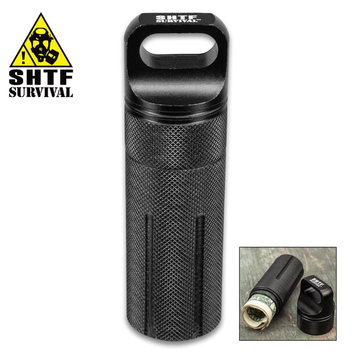 SHTF Black Waterproof Case Capsule With Handle - Heavy-Duty Textured Aluminum, O-Ring Seal, Secure Screw Top Cap - Length 4”