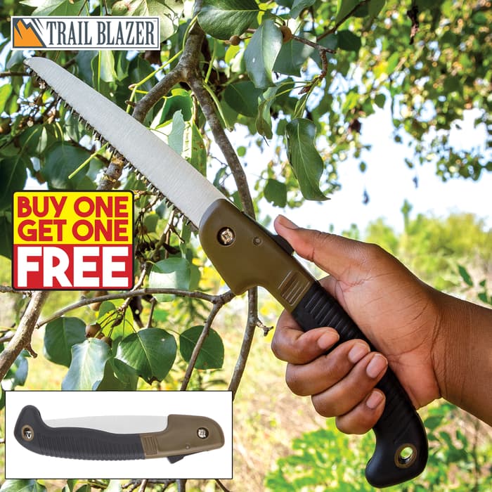 Trailblazer Multi-Purpose Folding Saw - Stainless Steel Blade, TPR And TPU Handle, Safety Release Button - Length 10 1/2” - BOGO