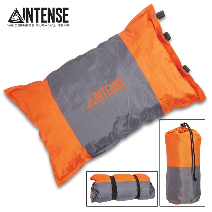 Intense Self-Inflating Camping Pillow With Carry Bag - Polyester Outer, Polyurethane Filling, Lightweight - Dimensions 16”x 9 1/2”