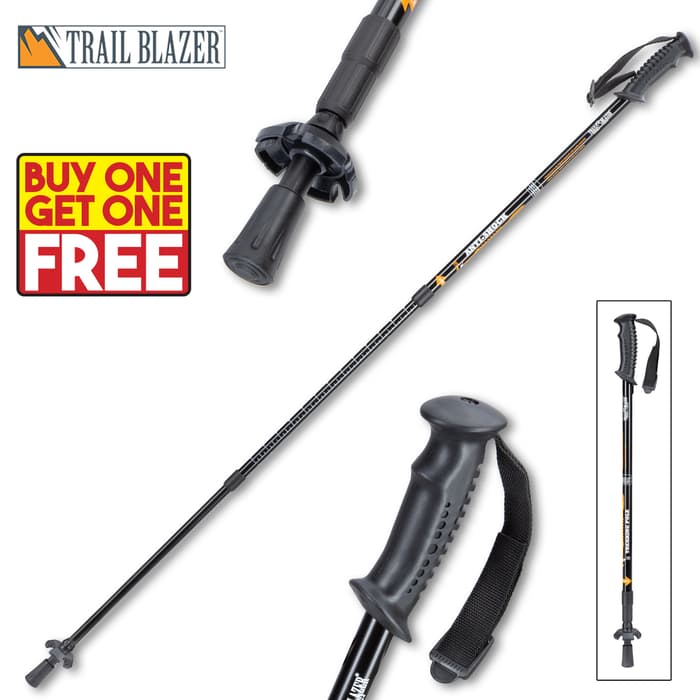 Trailblazer Adjustable Trekking Pole - Compact, Lightweight, Shock Absorber, Ergonomic Grip, Wrist Lanyard - Length 52” - BOGO