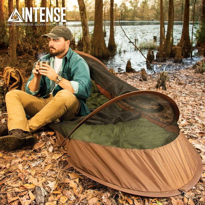 Intense Pop-Up Bivy Tent With Backpack - Rip-Stop Nylon Construction, Mosquito Netting, Fiberglass Shock Cords - Dimensions 7’x 29 1/2”x 22”