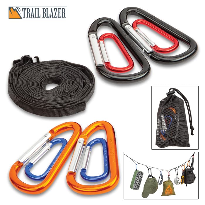 Trailblazer Camp Gear Suspension Rope With Mesh Bag - Polypropylene Ribbon Rope, Ten Stainless Steel Carabiners - Length 71 7/10”