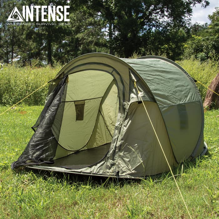 Intense Two-Person OD Pop-Up Tent - 180T Polyester Construction, PA Coating, Fiberglass Frame, Polyethylene Groundsheet