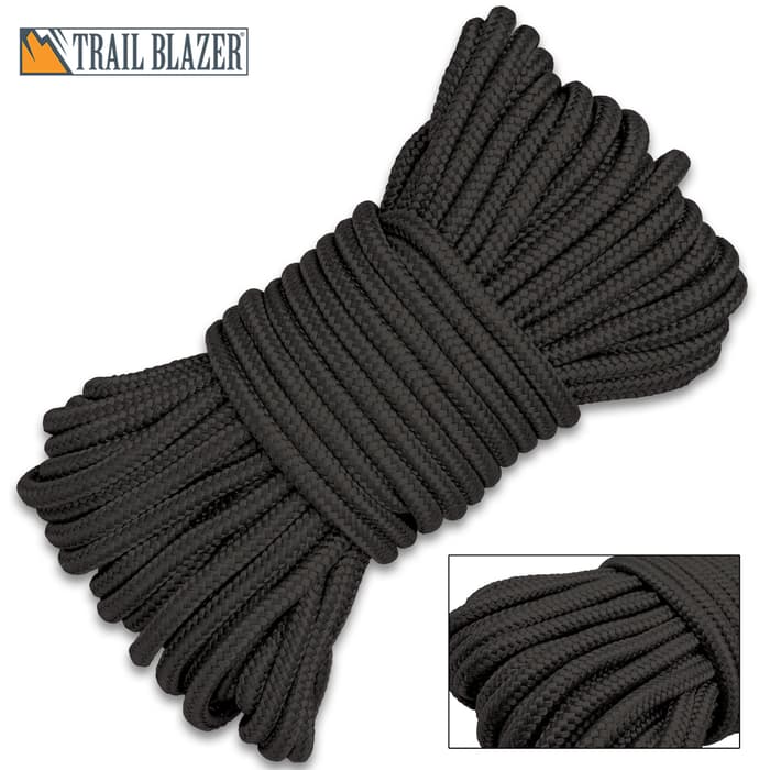 Trailblazer Black Utility Rope - Braided Polypropylene, Mildew And Rot Resistant, 1/4” Diameter - Length 65 1/2’