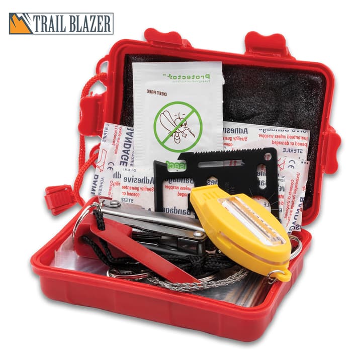 Trailblazer Anti-Shock Survival Kit - Includes Survival Tools, First Aid Tools, Emergency Blanket, Water-Resistant ABS Case With Lanyard
