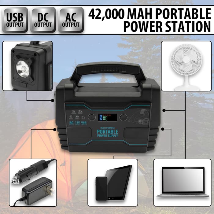 Portable Power Station 42,000 MAH - Tough ABS Construction, Tough ABS Construction, Emergency Flashlight, Cords Included