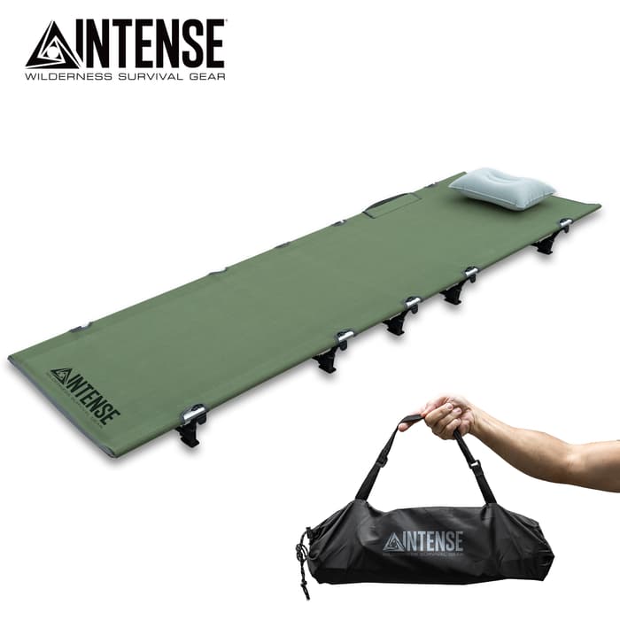 The Intense Folding Camping Cot includes an air pillon and a carrying case